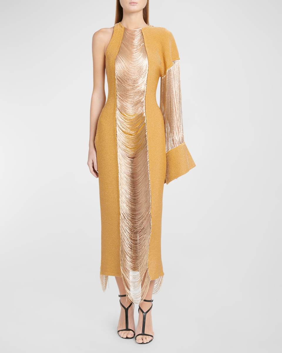 Armour-Stitch Fringe Cutout Asymmetric Midi Dress